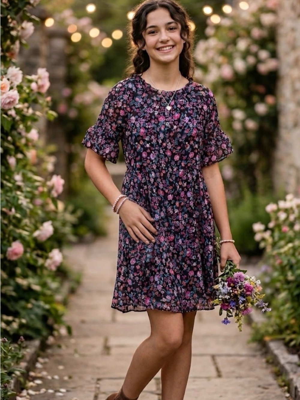 wonder nation Navy Floral Short Sleeve Dress with Pink & Purple Flowers